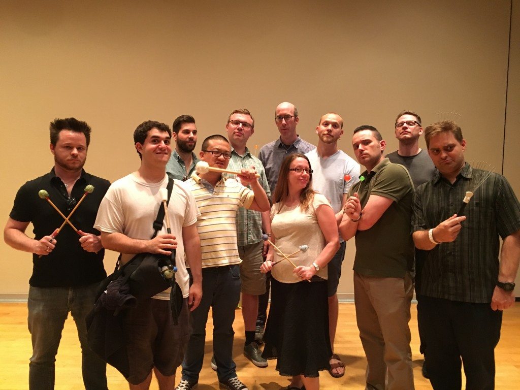 Faculty Adam Vidiksis with the crew of percussion performers and composers at SPLICE this summer (from left: Cody Brookshire, Louis Pino, Rob Seaback, Joo Won Park (guest faculty), Benjamin Whiting, Sam Young, Anne Neikirk, Von Hansen, Adam Vidiksis, Nicholas Elert, Christian Dubeau)